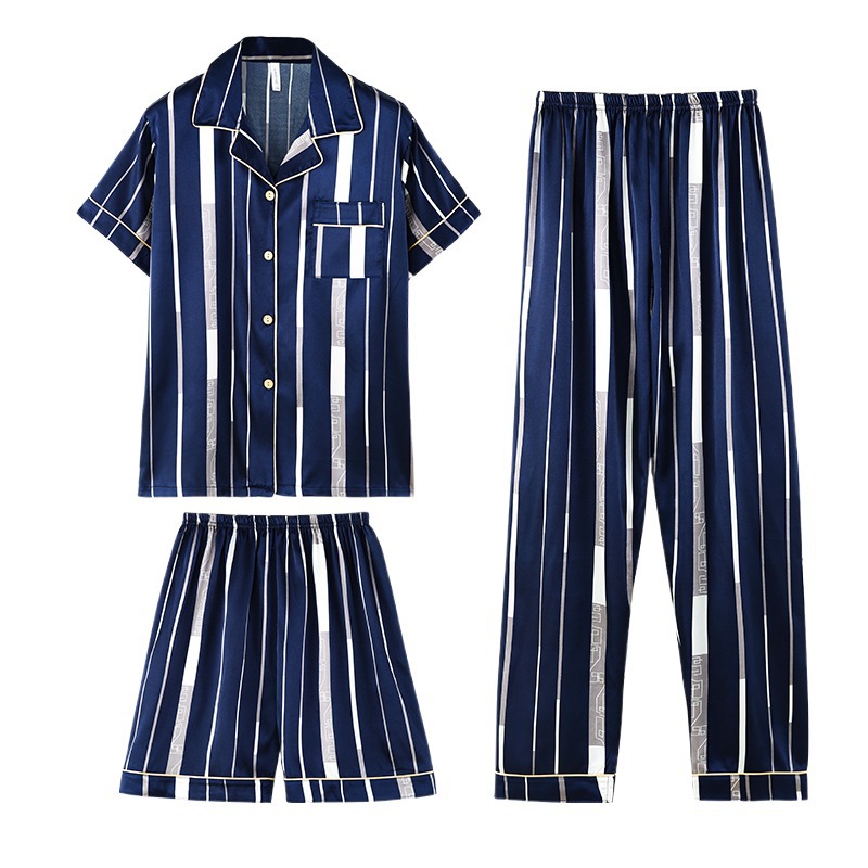 Pijamas de verano de rayas de alto grado pijamas de los hombres de seda de hielo traje de tres piezas de manga corta desgaste exterior Internet celebridad letras real seda