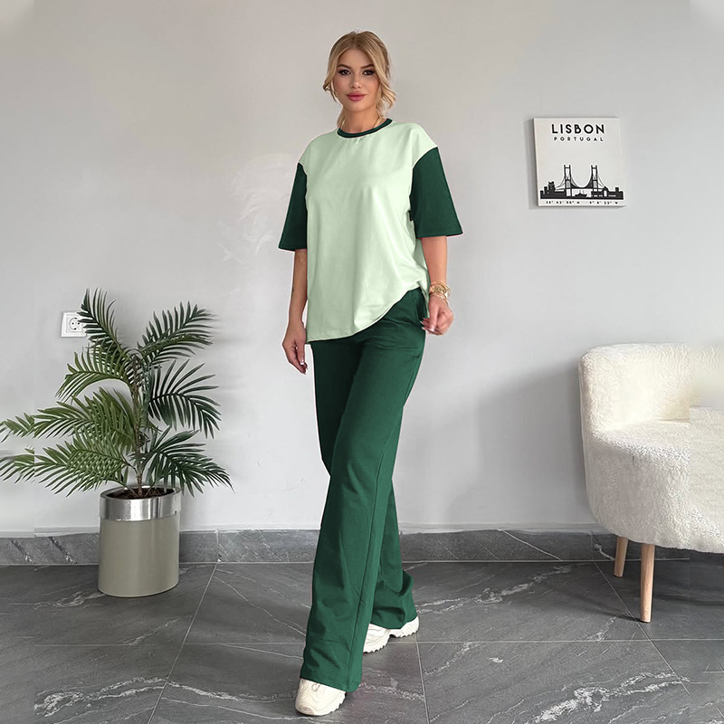 Summer Contrast Color round Neck Short Sleeved T shirt Women Casual Wide Leg Pants Two Piece Sets 14 Summer Contrast Color round Neck Short Sleeved T shirt Women Casual Wide Leg Pants Two Piece Sets