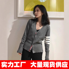 オリジナル品質tbカーディガン女性セーターショートコート修身グレー学院風vネックニット2025上着