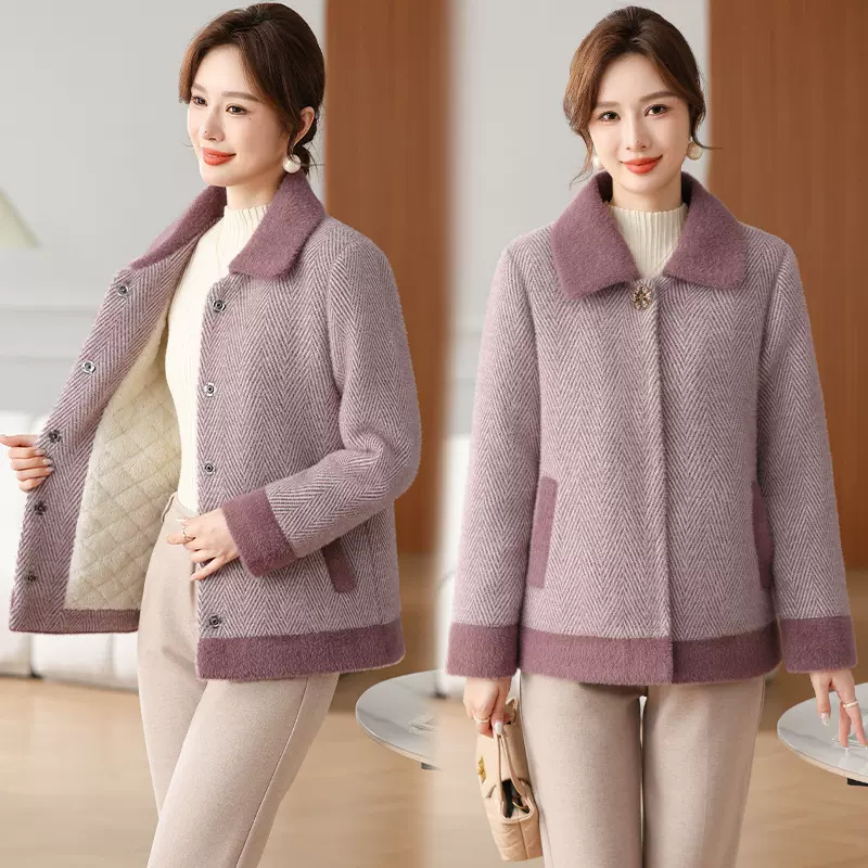 妈妈装加绒外套中老年女装棉袄2024秋冬新款水貂绒大码毛呢上衣