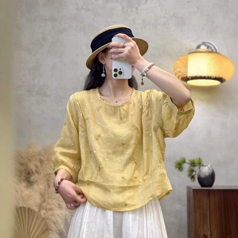 2025 Summer New Fashion Embroidered Pullover Ramie T-Shirt Women's Retro Artistic Round Neck Sleeve Loose Shirt
