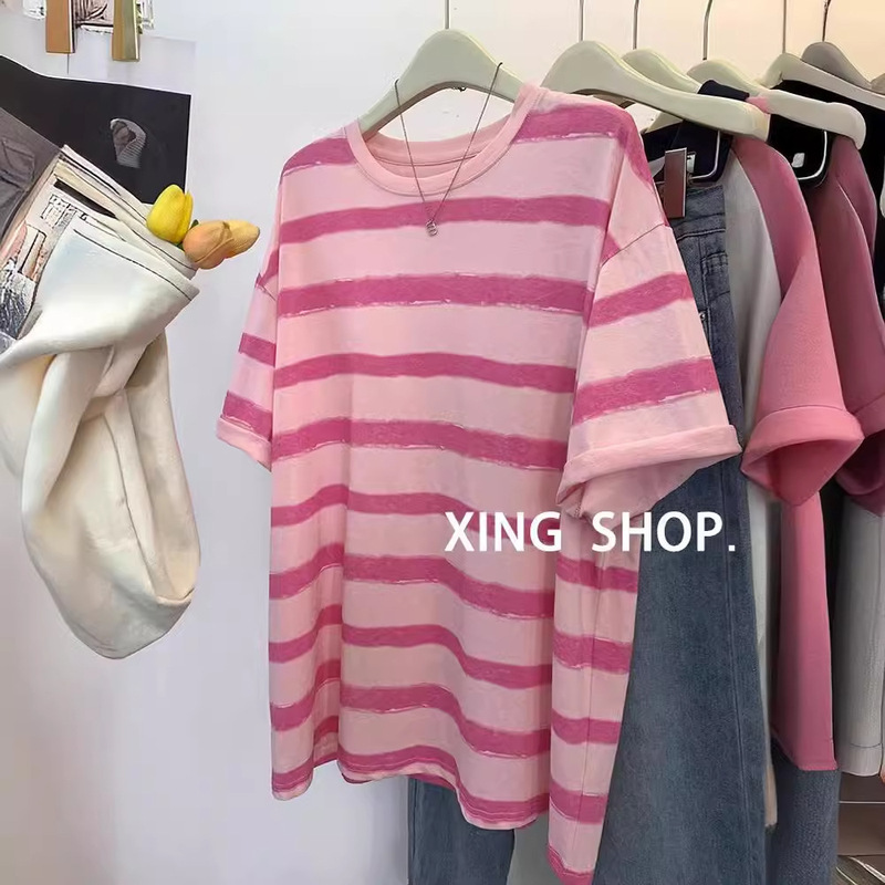 Design Sense Pure Cotton TikTok Quality Short-sleeved T-shirt Women's Summer 2023 Round Neck Colorful Striped Loose Slimming Top Trendy