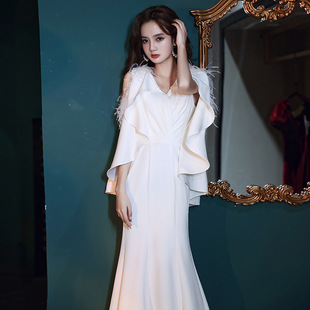 White Evening Dress for Women 2025 New Banquet Aura Elegant Queen Fishtail Elegant Host French Style