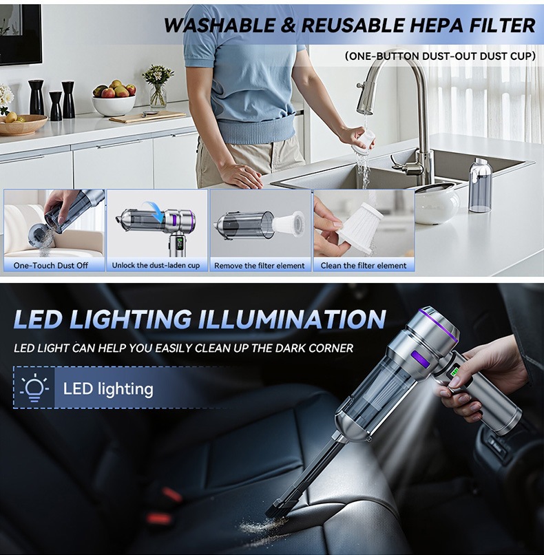 Car-mounted vacuum cleaner with dual-function suction and blowing, brushless high-power 16000Pa, integrated air pump with digital LED display