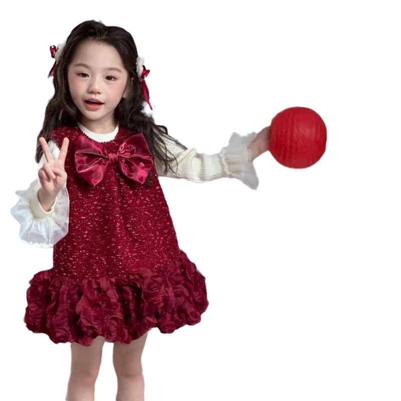 Qianqiu vestidos rojos de niñas más vello otoño y invierno nuevo estilo extranjero bebé arco chaleco princesa Año Nuevo
