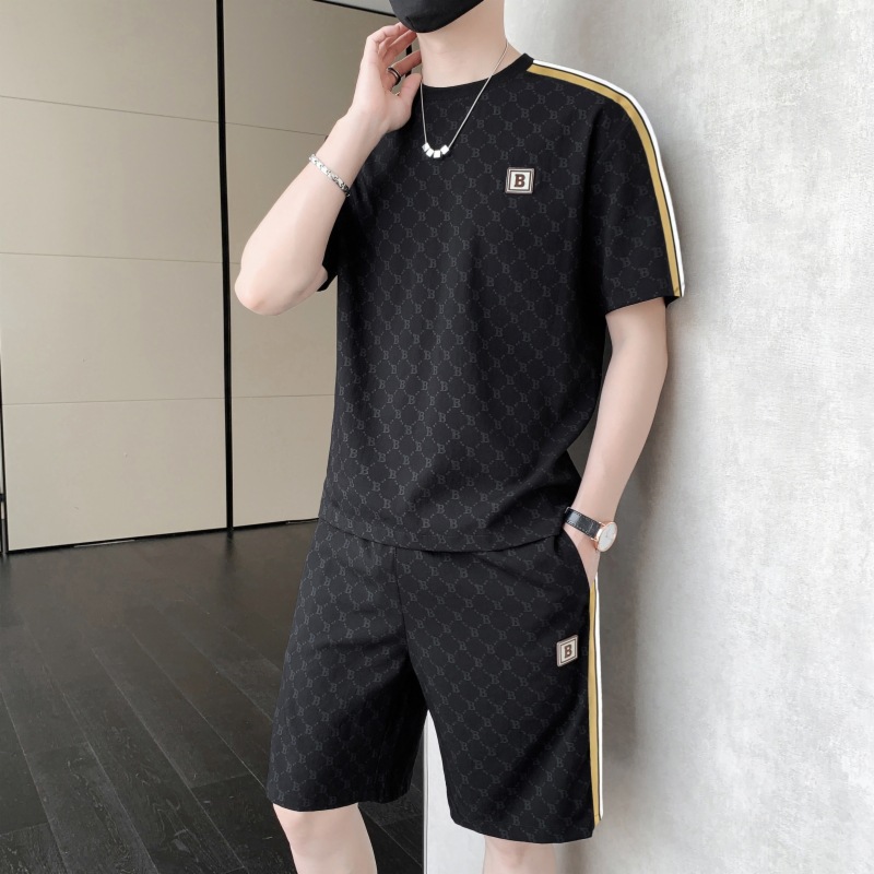 2025 verano nuevo estilo traje de seda de hielo casual para hombres tendencia hermosa camiseta pantalones cortos deportivos de dos piezas