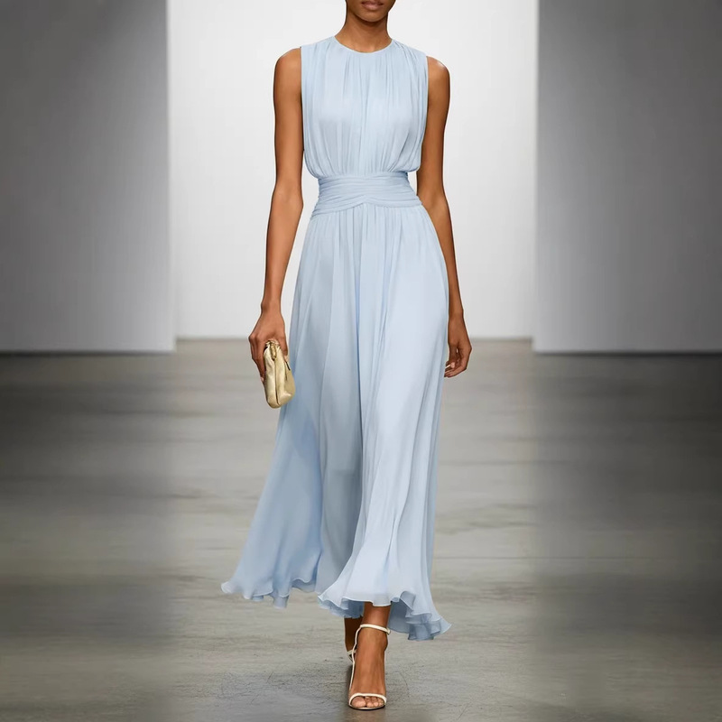 2026 European and American women's clothing independent site Amazon Sleeveless solid color waist-cinching round neck back zipper long dress 2026 European and American women's clothing independent site Amazon Sleeveless solid color waist-cinching round neck back zipper long dress