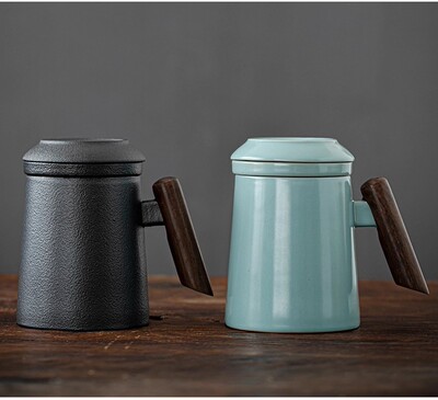 汝窑陶瓷马克杯内胆过滤木手柄带盖子办公室个人定制泡茶喝水杯|ms