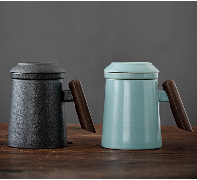 汝窑陶瓷马克杯内胆过滤木手柄带盖子办公室个人定制泡茶喝水杯|ms