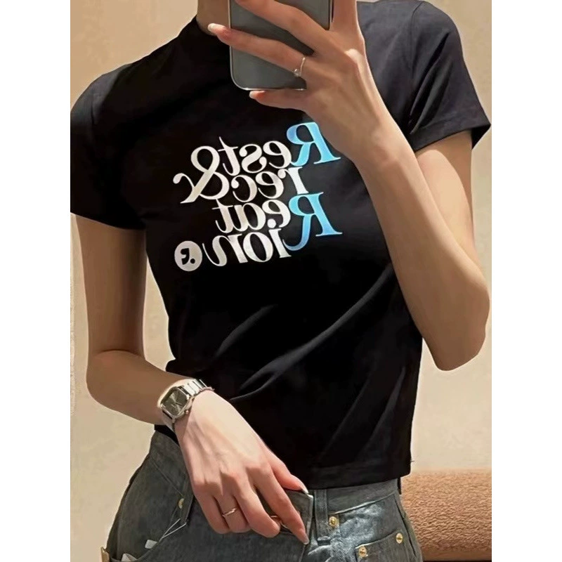 Корейская ниша RR, летняя новая стильная модная футболка с короткими рукавами, тонкая простая повседневная универсальная футболка с короткими рукавами в корейском стиле