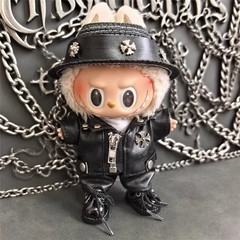 labubu娃衣朋克风皮衣套装克罗心潮装黑色帽子一二三代拉布布衣服