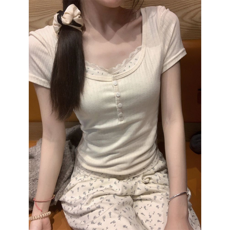 假两件花边短袖恤女夏季设计感小众修身显瘦甜辣妹短款修身上衣|undefined