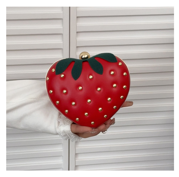 Daily Occasion Pu Leather Material Women's Medium Pu Leather Strawberry Cute Rivet Round Clasp Frame Crossbody Bag