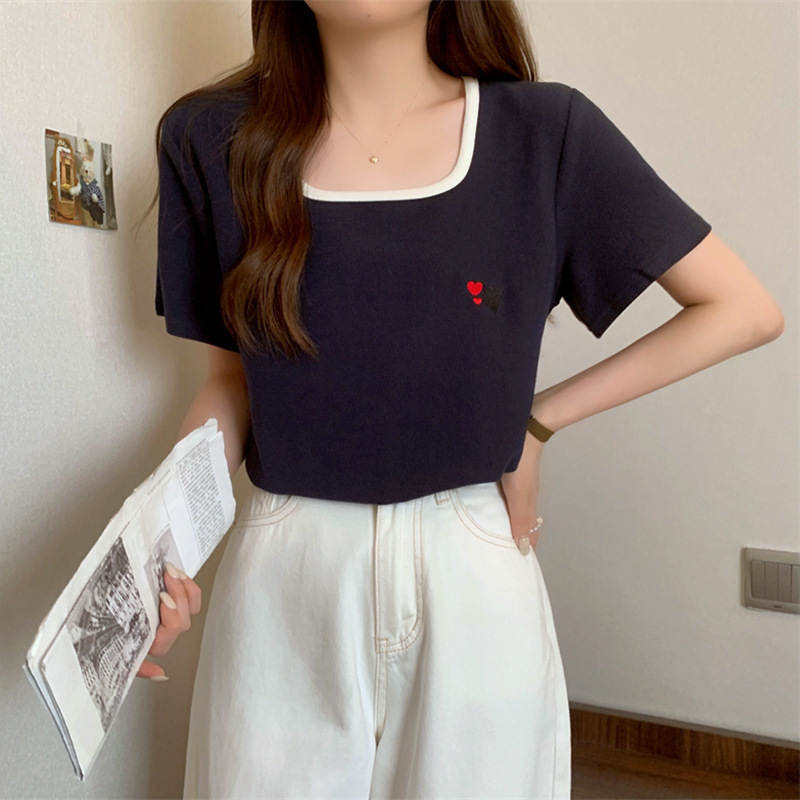 2026【Plus Size 6 Sizes】Designer Women's Slimming Square Neck Embroidered Short Sleeve Regular Shoulder T-Shirt for Summer