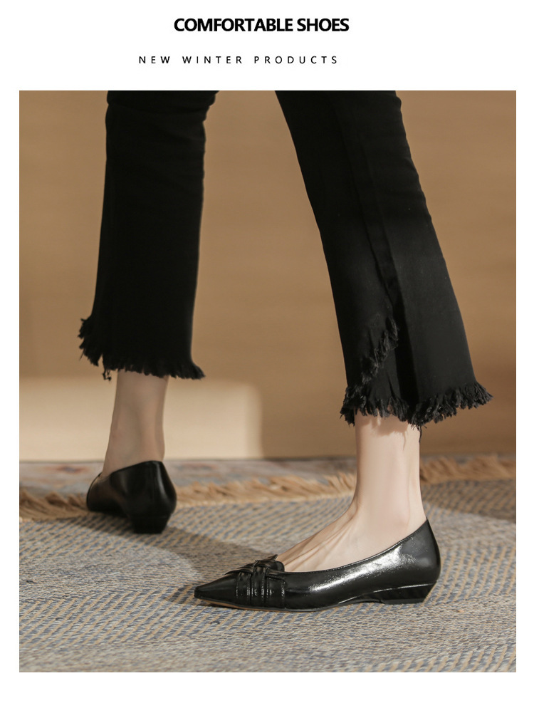 Giày cao gót nữ mũi nhọn gót wedge kiểu Pháp, gót thấp, miệng nông — màu đen chi tiết 18