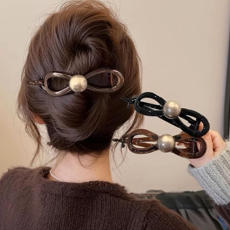 女性用リボン気質パールワンラインクリップ2025新しいハイエンドツイストヘアクリップ後頭部シャーククリップ|undefined