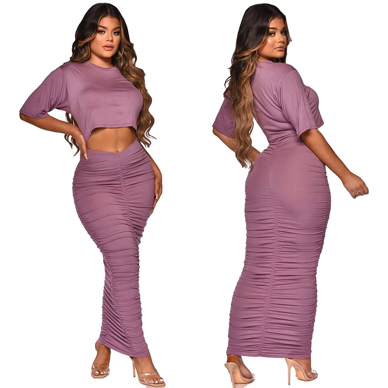 solid color pleated cropped top & long skirt 2 piece set NSMYF68643