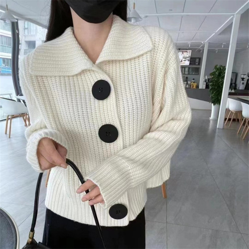 Korean Laid-back Style Cardigan for Women, 2025 Autumn/Winter Loose Youthful Collar Knit Cardigan with Large Buttons