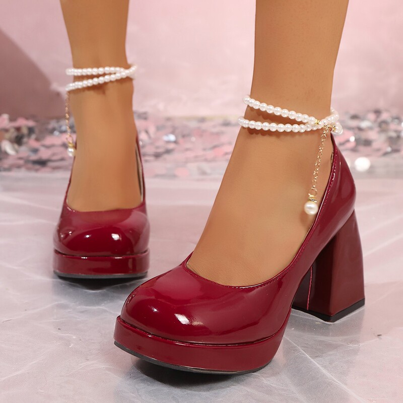 Red Thick Heel 9cm Large Size High Heel Mary Jane Shoes Thick Sole 40-44 Patent Leather Beaded Accessories High Heels Waterproof Platform