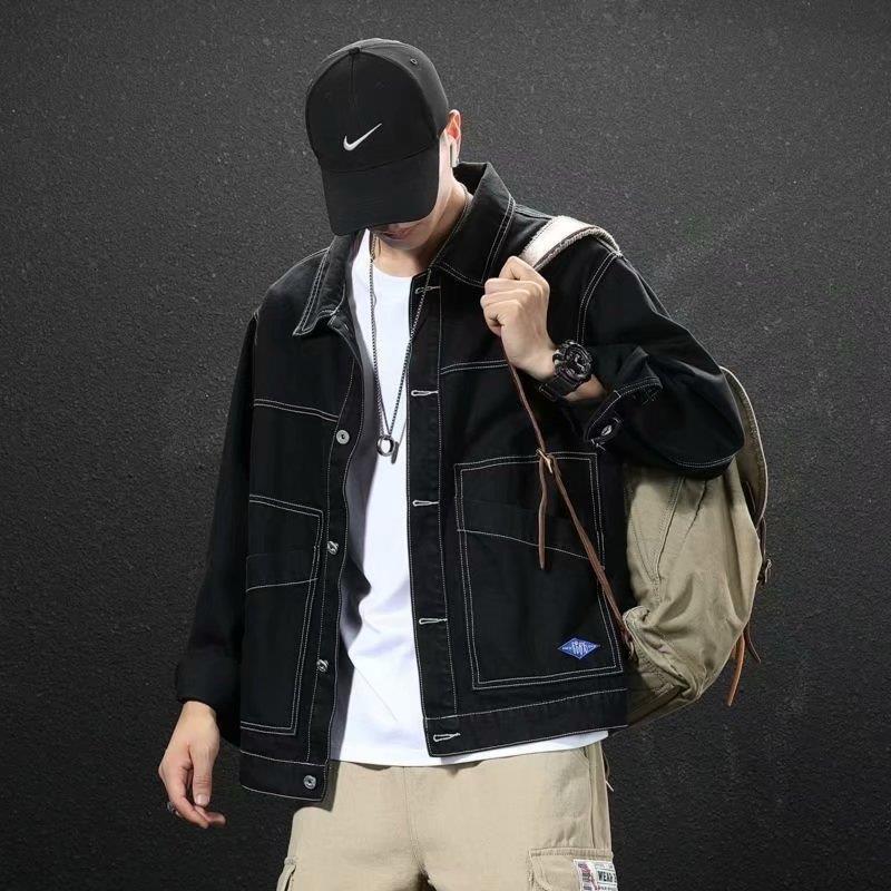 Wholesale Autumn and Winter Black Denim Jacket for Men, Trendy Brand with Visible Stitching, Loose Korean Style Workwear Casual Outerwear