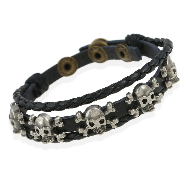 European and American fashion jewelry simple woven multi-layer leather bracelet simple skull bracelet cross-border customization European and American fashion jewelry simple woven multi-layer leather bracelet simple skull bracelet cross-border customization