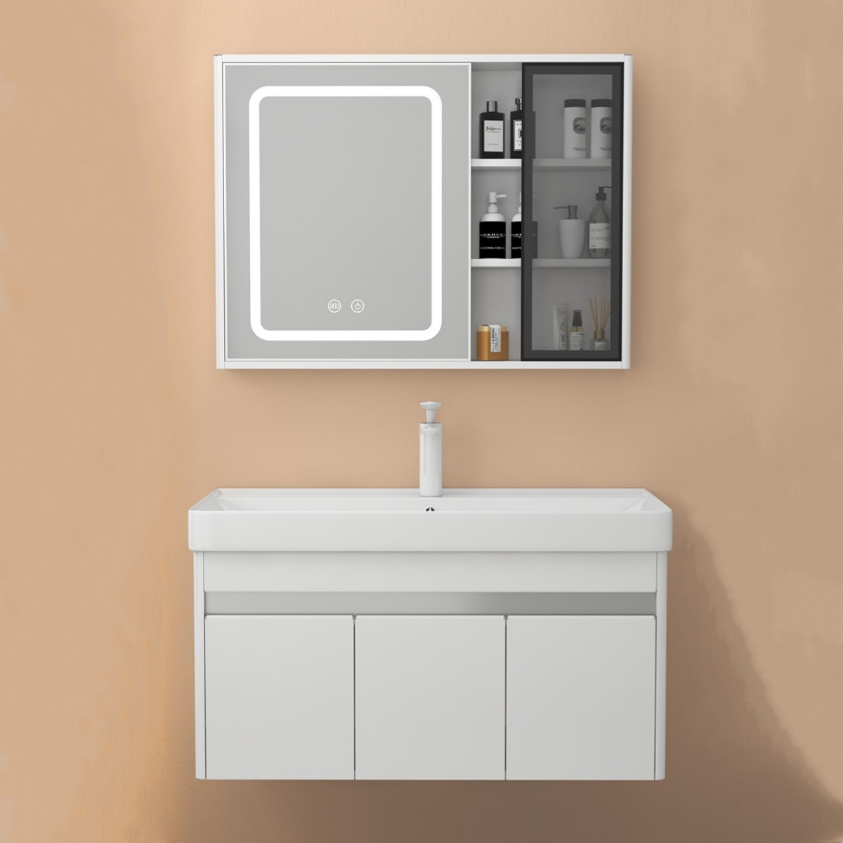 armario de baño de arco de acero inoxidable pequeño tipo cerámico lavabo integrado pequeño tamaño lavabo armario combinado lavabo