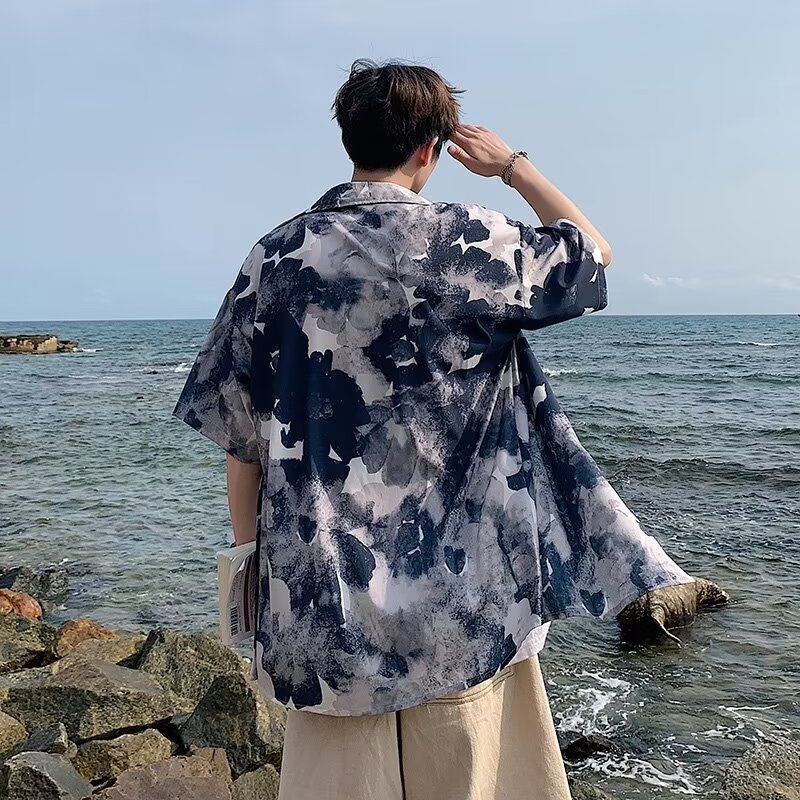 Oversize 300 Jin Hong Kong style retro short sleeve floral shirt men's fashion brand summer loose high sense shirt coat 」