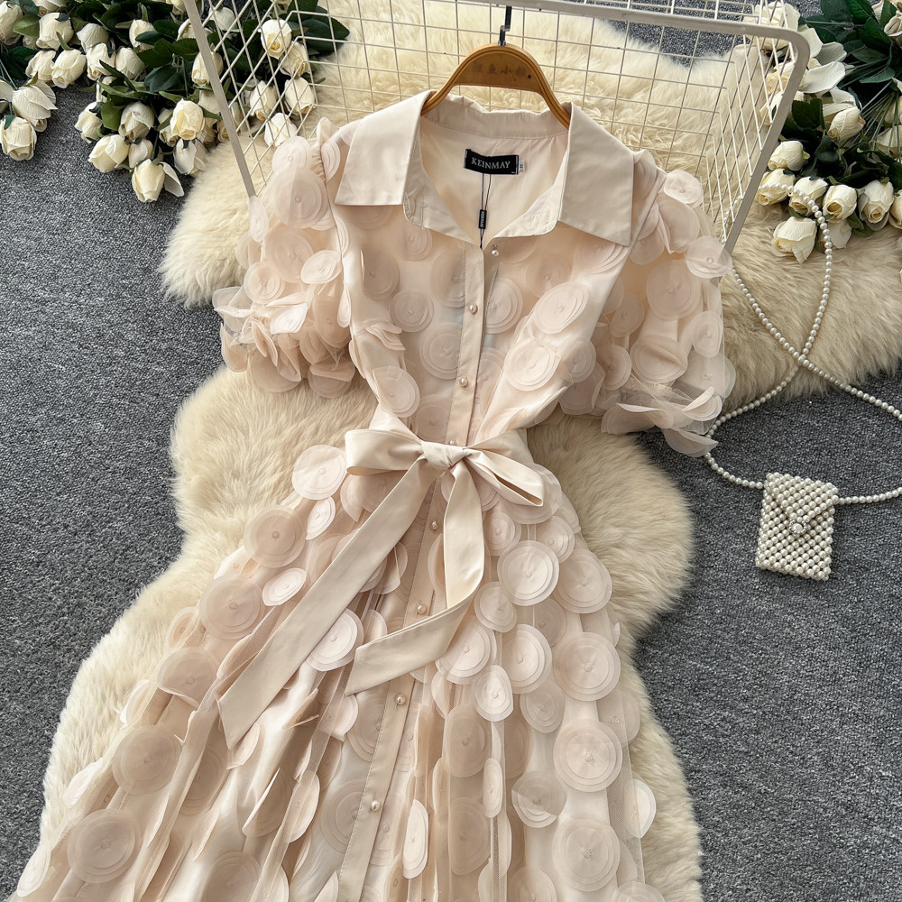 Elegant French Style Lace Dress for Women Summer Short Sleeve A-Line Skirt Tie Waist Sophisticated Lapel_ecoleips.com