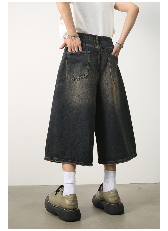Quần short denim nữ ống rộng lửng kiểu Mỹ — Màu trắng, Màu xanh denim thô, Màu đen thô, Ngụy trang màu mơ chi tiết 8