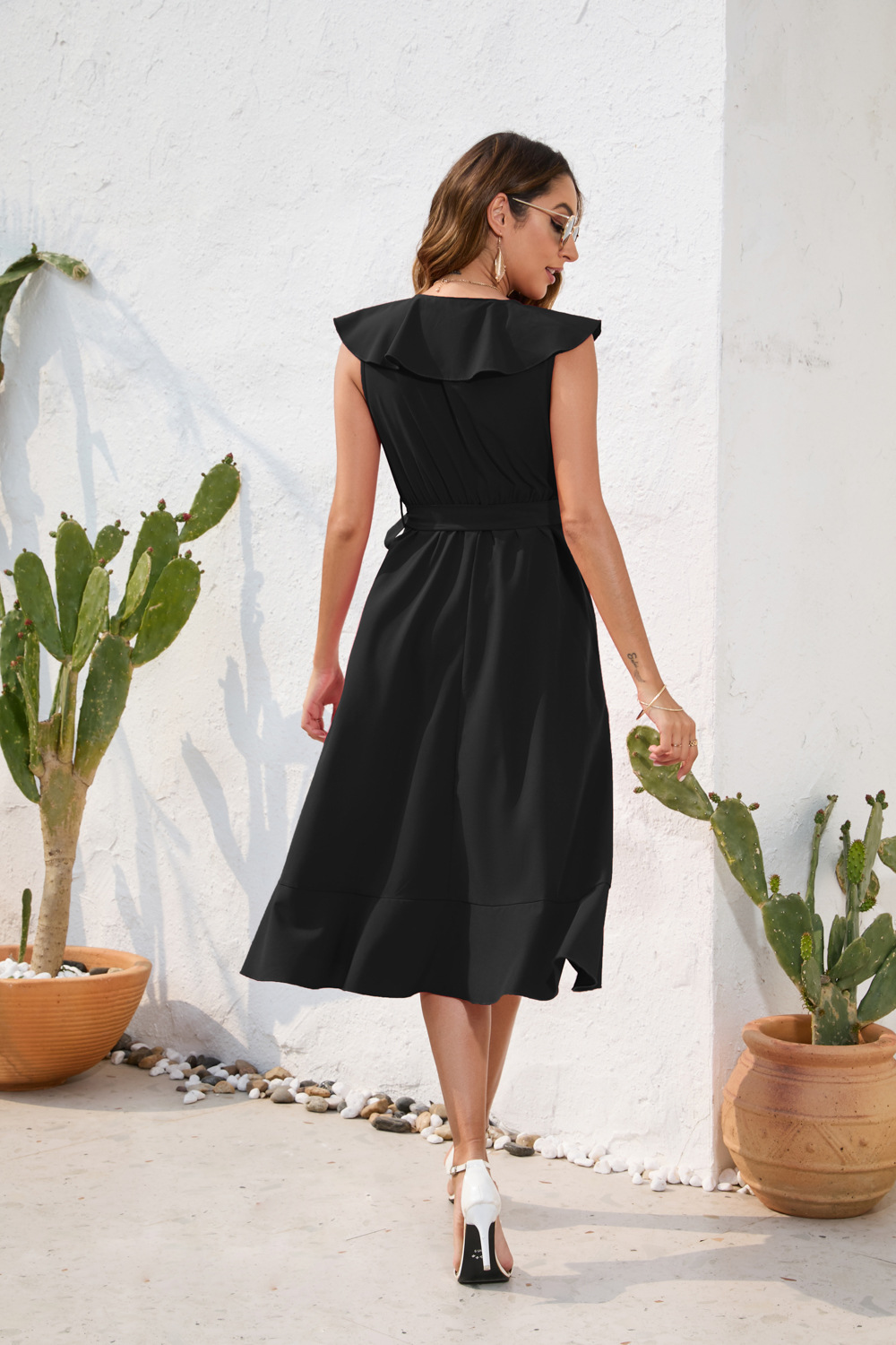 Women Clothing Waist Tight Sexy V neck Dress Casual Vacation Travel Solid Color Dress Sleeveless Split
