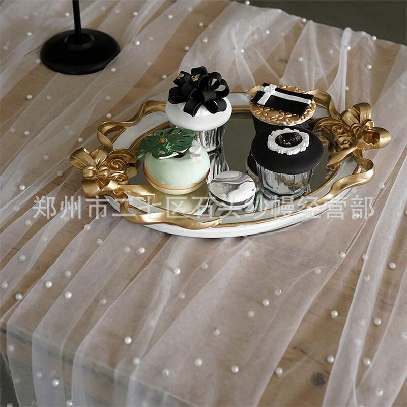 Amazon Cross-Border Pearl Yarn Table Runner Mesh Fabric Tulle Wedding Veil Chair Back Tulle Table Runner Tablecloth Party