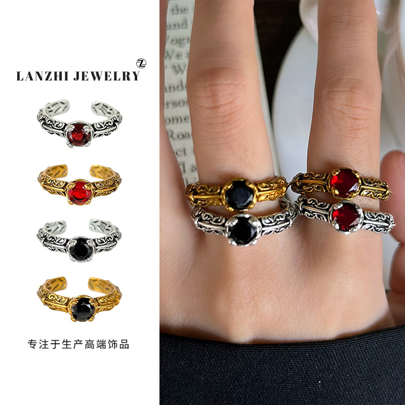 Lanzhi Cross-Border Black Agate 925 Sterling Silver Ring Men's European Retro Kek Jewelry Women's High-End Ring Wholesale