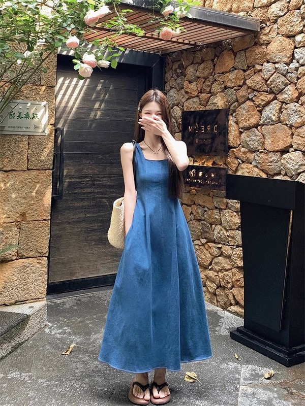 蓝雾之恋法式牛仔连衣裙女夏小众设计感收腰气质吊带长裙|undefined