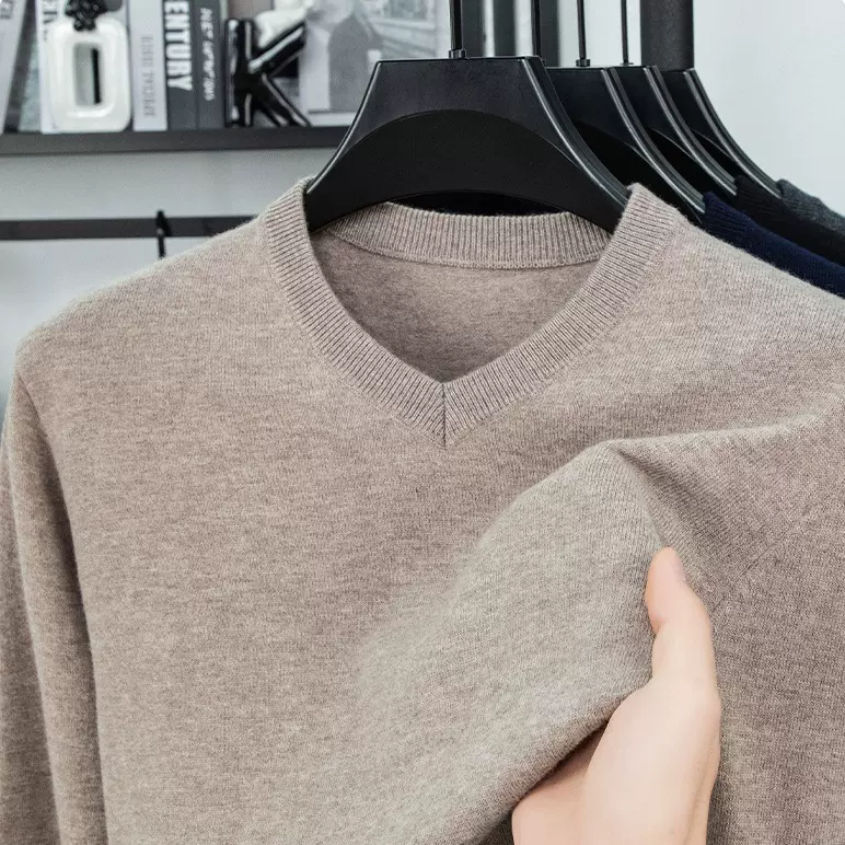 100%纯羊毛男式V领羊毛衫秋冬纯色毛衣中年男士休闲鸡心领打底衫