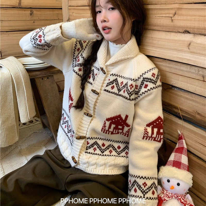 新款费尔岛女装秋衣复古毛衣牛角扣外套秋季上衣女设计感针织开衫|undefined
