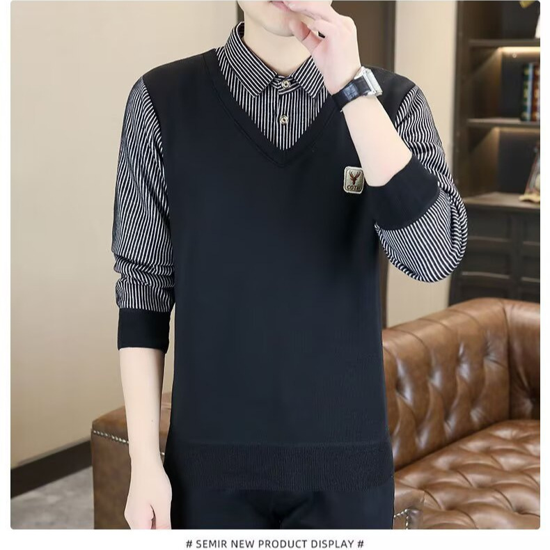 Autumn and Winter Fake Two-Piece Shirt Collar Sweater Men's Fleece-Lined Thickeneded Collared Knitted Bottoming Shirt Fake Collar Warm Top