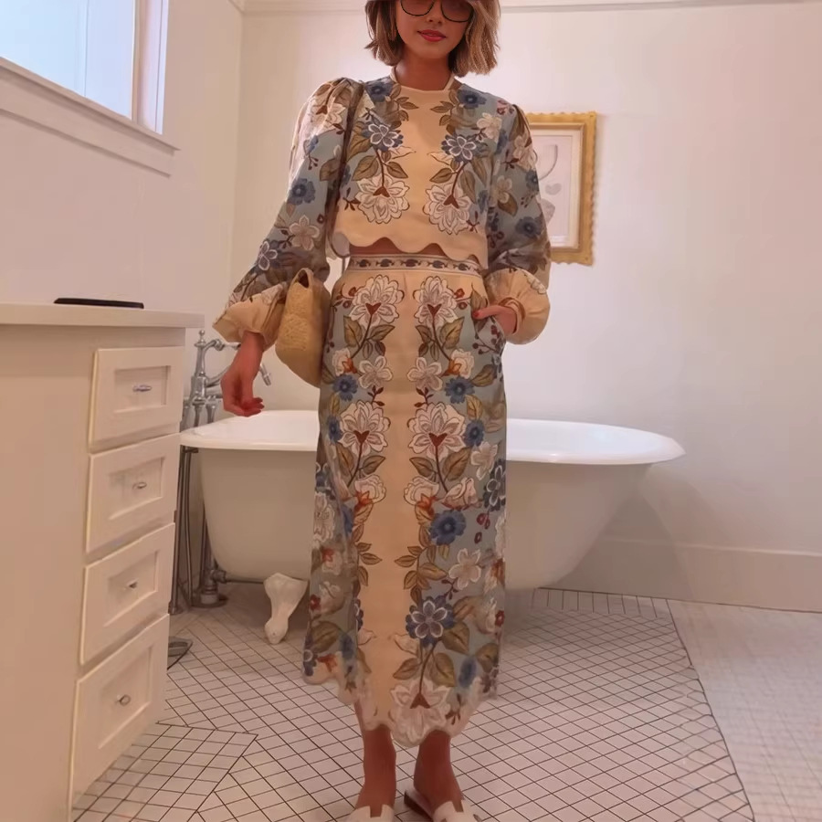 Completo da donna primavera/estate a due pezzi con gonna e top a maniche lunghe e stampa, vestibilità ampia, stile europeo/americano._voghion.com