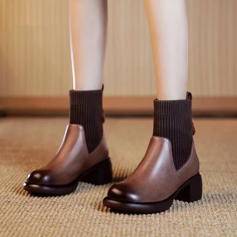 Chaussures Martin en cuir véritable ShoeVault Foreign Trade Cross-Border pour femmes, collection automne-hiver 2024, modèle polyvalent à enfiler et extensible_voghion.com