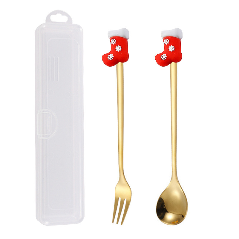 クリスマススプーンセット クリスマス食器ギフト2点セット デザートスプーンとフォーク サンタクロースとトナカイのフィギュア付きスプーン|undefined
