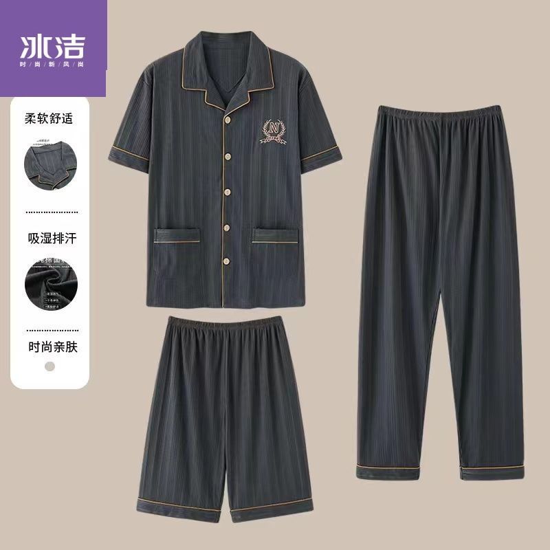 100% pijamas de algodón de los hombres de verano cardigan pantalones cortos de manga corta pantalones de tres piezas delgada más tamaño homewear traje