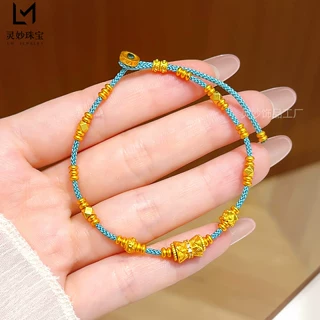 新中式古法沙金点钻莲花小蛮腰蓝绳手链可调节国风手绳百搭女送礼