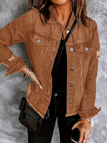 Women's Distressed Denim Jacket Casual Light Blue Ripped Cross-border