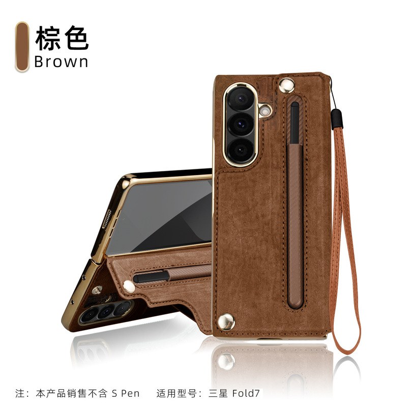 工場卸売サムスンfold7電気メッキスタンド携帯電話ケース、カード挿入、ハンドロープシェルフィルム一体型レザーケースに適しています|undefined
