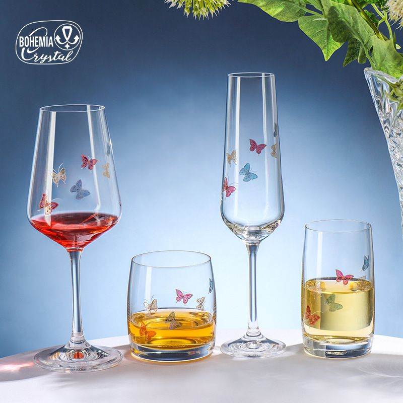 Copa de cristal iridiscente grabada importada de la República Checa, copa de champán con diseño de mariposa, copa de vino tinto, copa de whisky, relieve creativo personalizado.