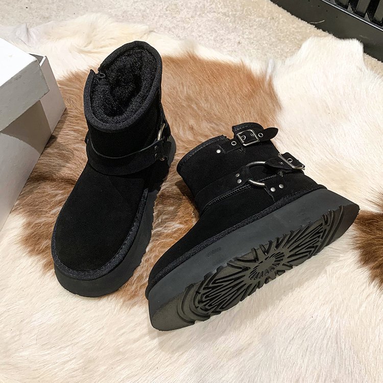 Cizme de zăpadă cu talpă groasă pentru femei, iarna 2023, noi, din pluș și izolație groasă, burete, cizme scurte de zăpadă din bumbac_voghion.com