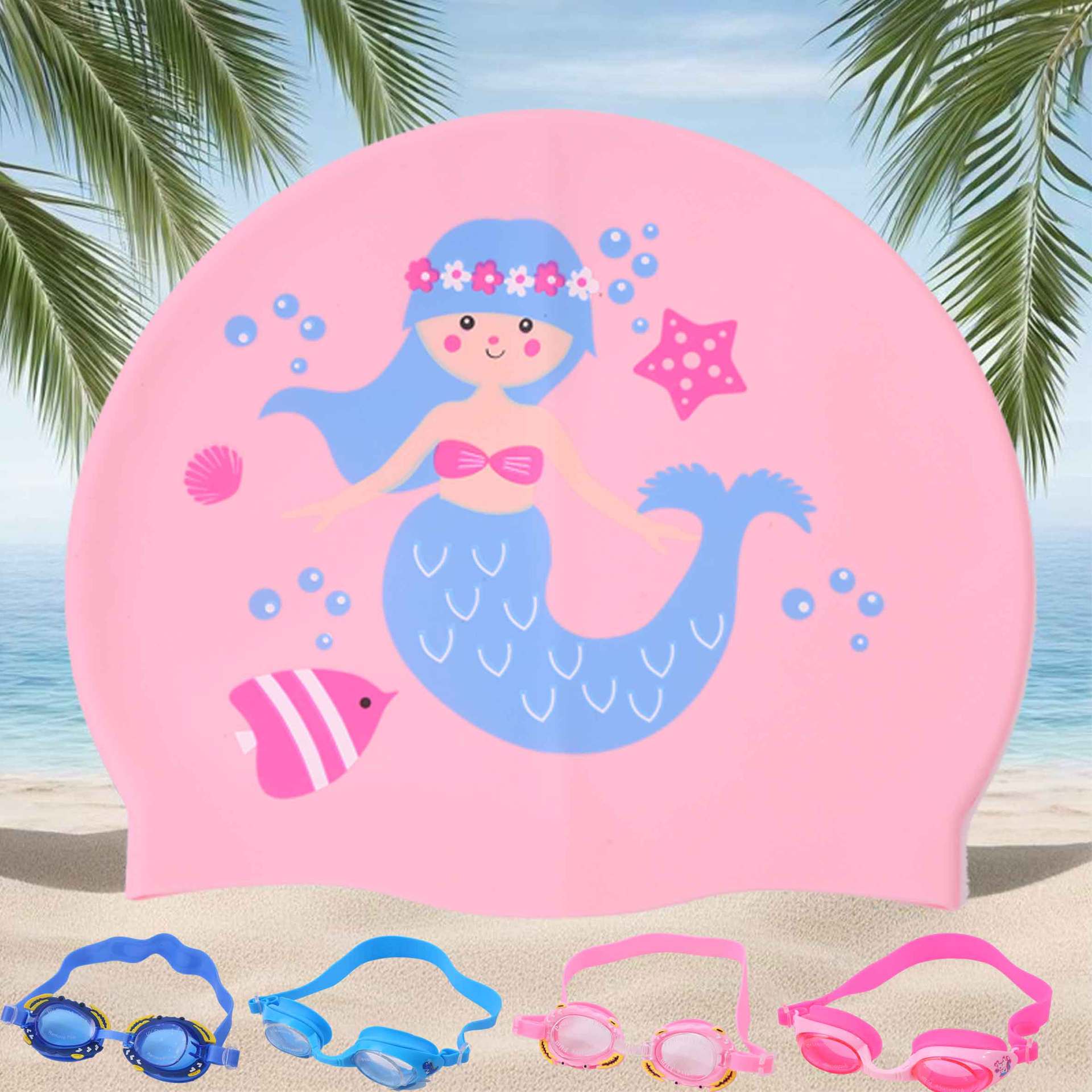 Gorro de baño de dibujos animados de silicona para niños, cabello largo para niñas, protección para los oídos impermeable, sin estrangulamiento, lindo gorro de natación, equipo de natación