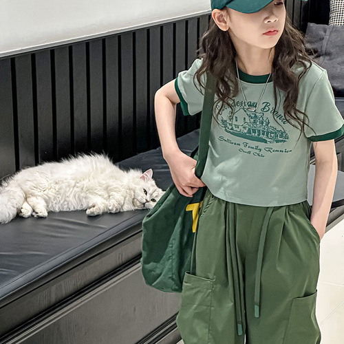Girls' summer workwear sports suit  new style mid-to-large size patchwork T-shirt straight-leg pants trendy two-piece set