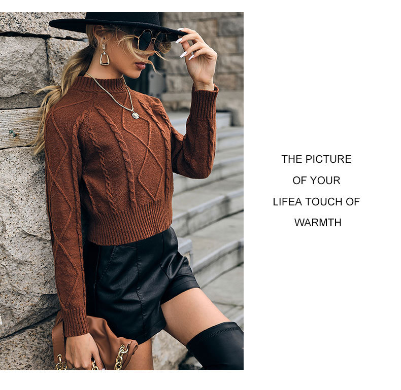 Einfarbiger, kurzer Strick-Twist-Pullover mit Rundhalsausschnitt_voghion.com