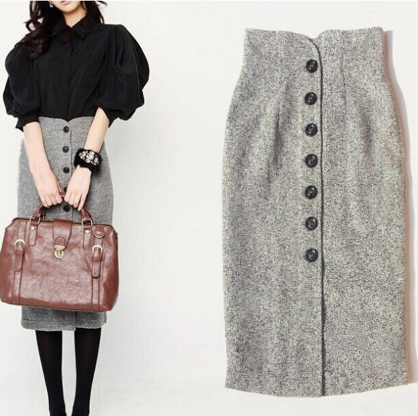 Korean style tweed skirt one breasted high waist hip skirt elegant retro one-step skirt