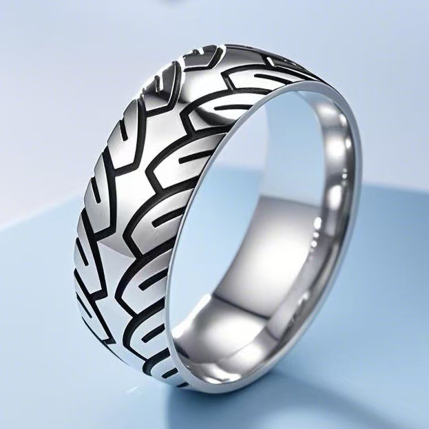 Stackable Men's Titanium Steel Ring Etched Tire Pattern Jewellery_voghion.com